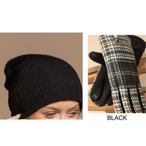 2/$25, Set of New Slouchy Knit Beanie and black plaid Gloves
